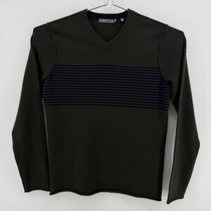 Vince Sweater Mens M Green Striped 100% Cashmere V-Neck Rolled Edge Long Sleeve